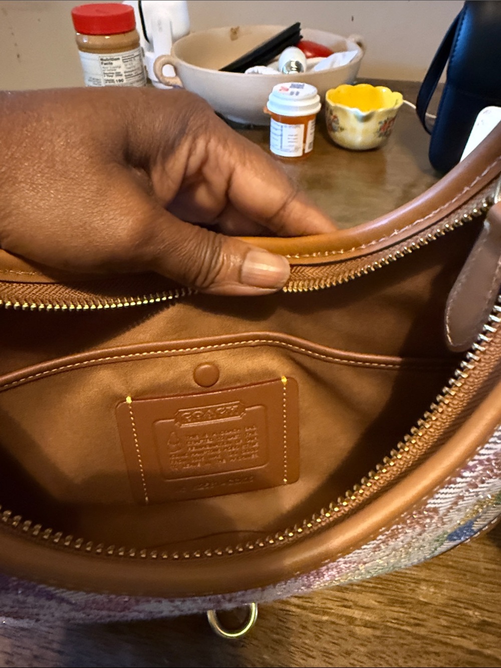 Coach Multicolor Signature Crescent Shoulder Bag with Tan Leather Trim - Picture 7 of 11